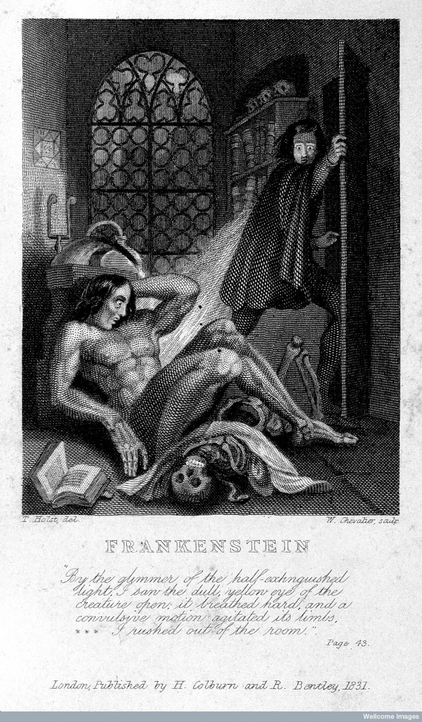 L0027125 Frankenstein observing the first stirrings of his creature. Credit: Wellcome Library, London. Wellcome Images images@wellcome.ac.uk http://wellcomeimages.org Frankenstein observing the first stirrings of his creature. Engraving by W. Chevalier after Th. von Holst, 1831. Engraving 1831 By: Theodor von Holstafter: W. Chevalier and Mary Wollstonecraft ShelleyPublished: 1831 Copyrighted work available under Creative Commons Attribution only licence CC BY 4.0 http://creativecommons.org/licenses/by/4.0/
