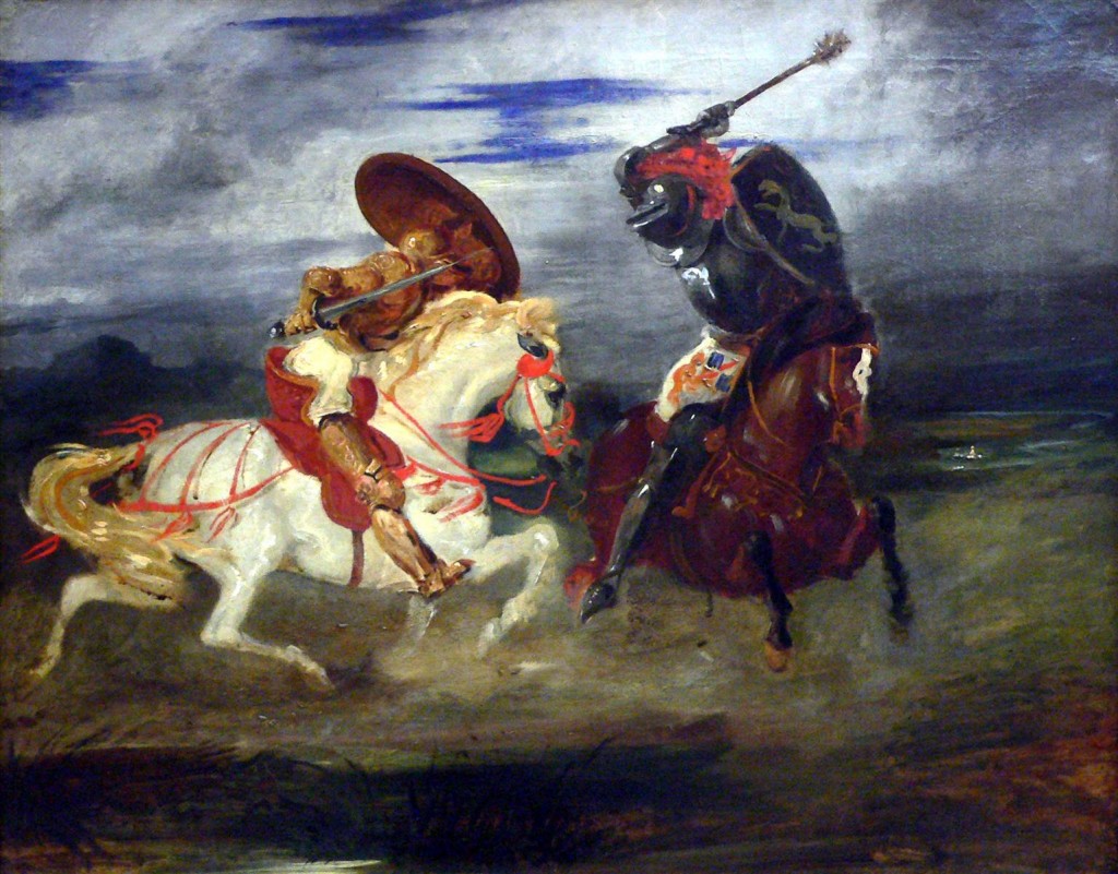 Two knights fighting in a landscape