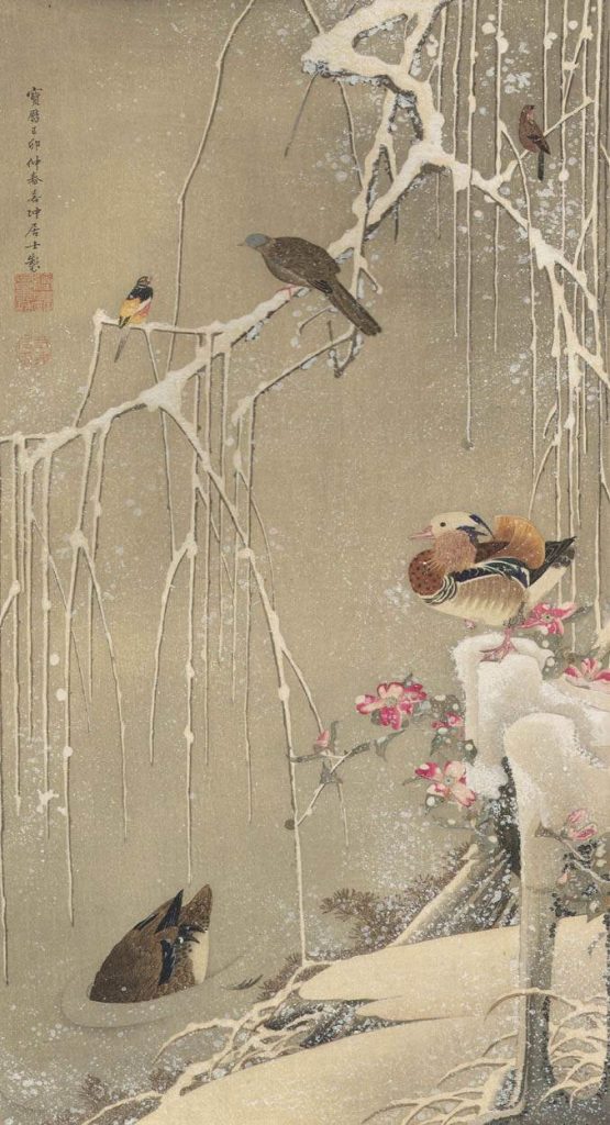 Ito Jakuchu - Willow Tree and Mandarin Ducks in the Snow